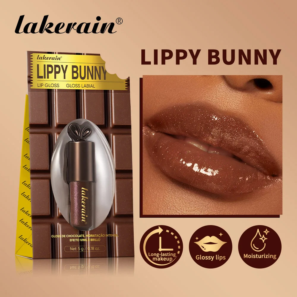 Lakerain Chocolate Rabbit Lip Gloss Mirror Effect Moisturizing Smooth Non-Sticky Long Lasting Hydration Lippy Bunny Lipstick Peaceful Pleasures Health and Wellness
