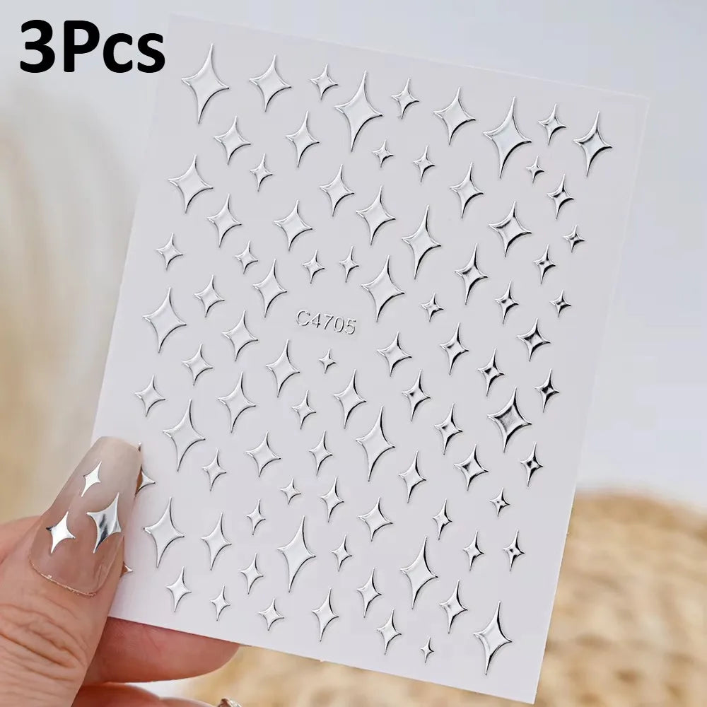 3D Silver Nail Art Stickers – Stars, Hearts & Chain Decals