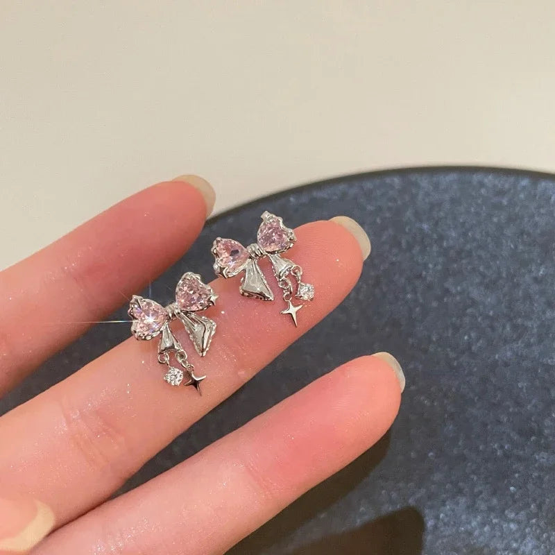 Japanese Korean Style Sweet Bow Zircon Earrings Women Niche Design Premium Jewelry Fashion Temperament Trendy Accessories Gift Peaceful Pleasures Health and Wellness