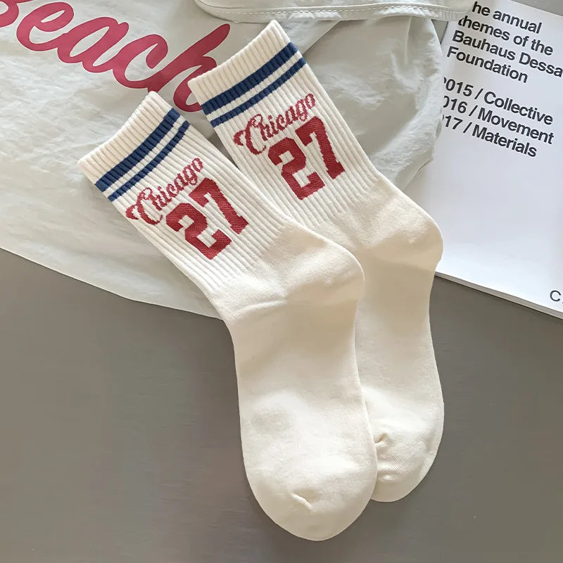 5 pairs of sports socks for women in autumn winter with striped letters sweat absorbing odor proof retro women's socks Peaceful Pleasures Health and Wellness