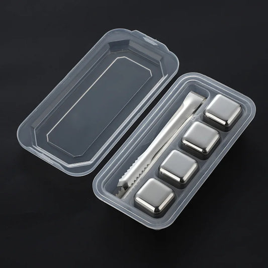 4 Exclusive Stainless Steel Whiskey Stones High Cooling Ice Cubes Chilling Rocks Reusable Wine Stone Durable Beer Drinks Freezer Peaceful Pleasures Health and Wellness Plastic Tray