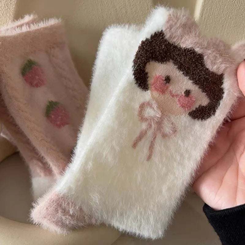 Rabbit Velvet Socks Children's Autumn and Winter Thick Warm Socks Floor Socks Plush Soft Breathable Pink Strawberry Girl Socks Peaceful Pleasures Health and Wellness