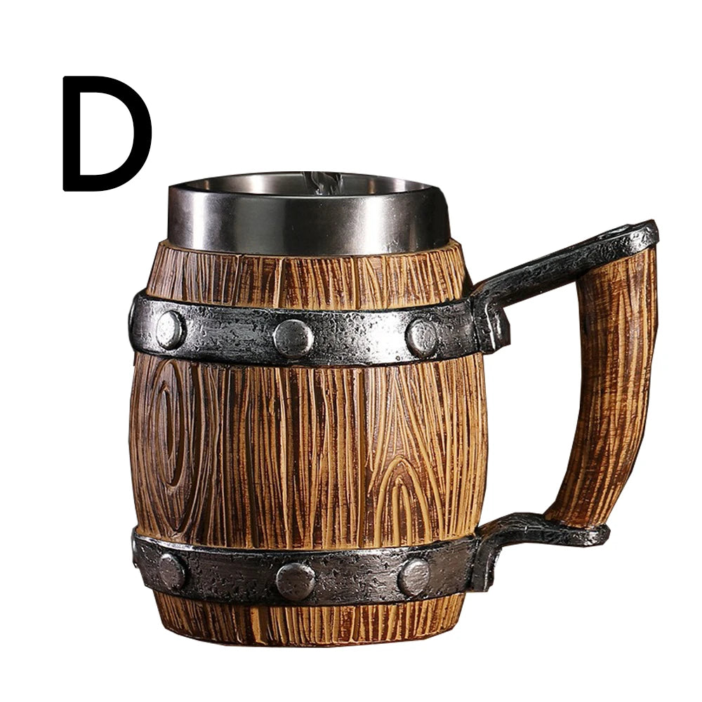Wooden Barrel Beer Cup Stainless Steel Coffee Mug Viking Style Vintage Beer Mug Double Wall Drinking Cup Halloween Bar Drinkware Peaceful Pleasures Health and Wellness D 600ml