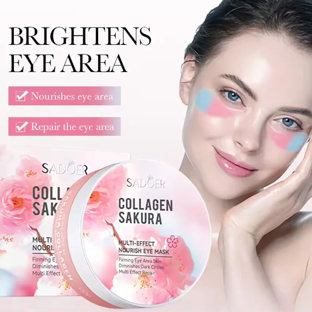 60pcs SADOER Sakura Collagen Eye Mask Anti Dark Circles Eyes Bags Removal Moisturizing Firming Eye Patches Skin Care for Eyes Peaceful Pleasures Health and Wellness