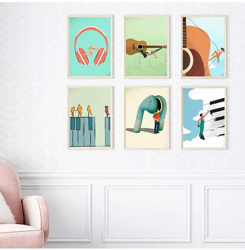 Vintage Music Art Funny Abstract Instrumental Canvas Painting Huge Guitar Piano Keys Poster Headphone Prints Home Decor Peaceful Pleasures Health and Wellness