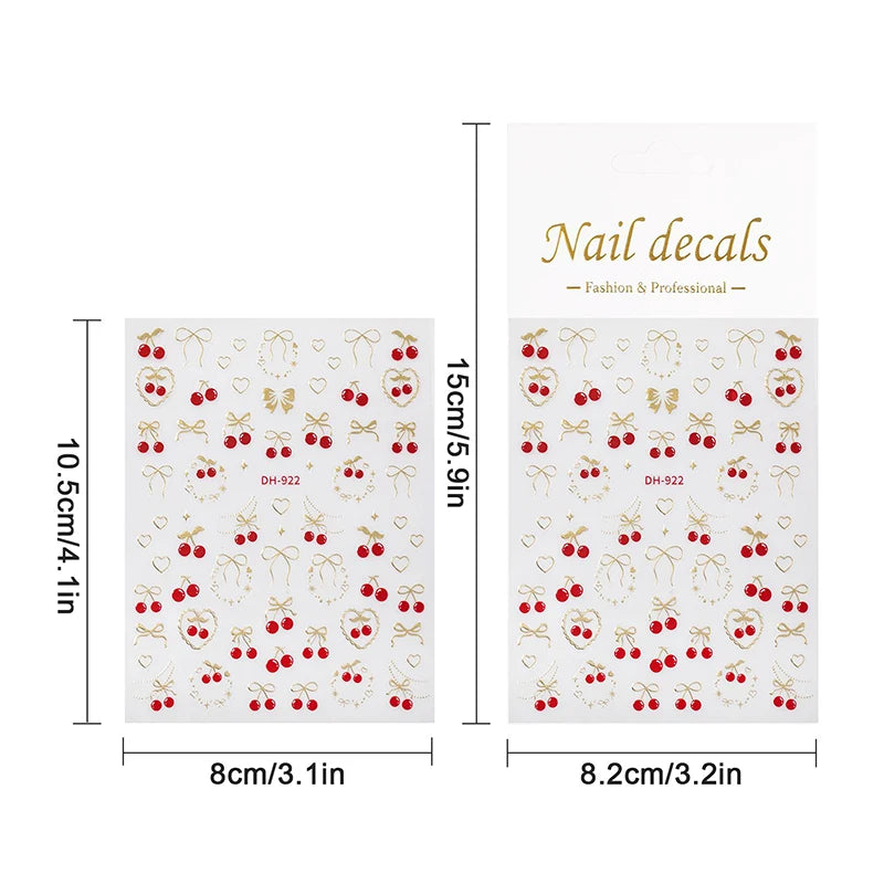 Fresh Sweet Fruits Strawberry Cherry Bowknot Love Heart Bow 5D Nail Art Stickers Self Adhesive Decorations Nail Manicure Decal Peaceful Pleasures Health and Wellness