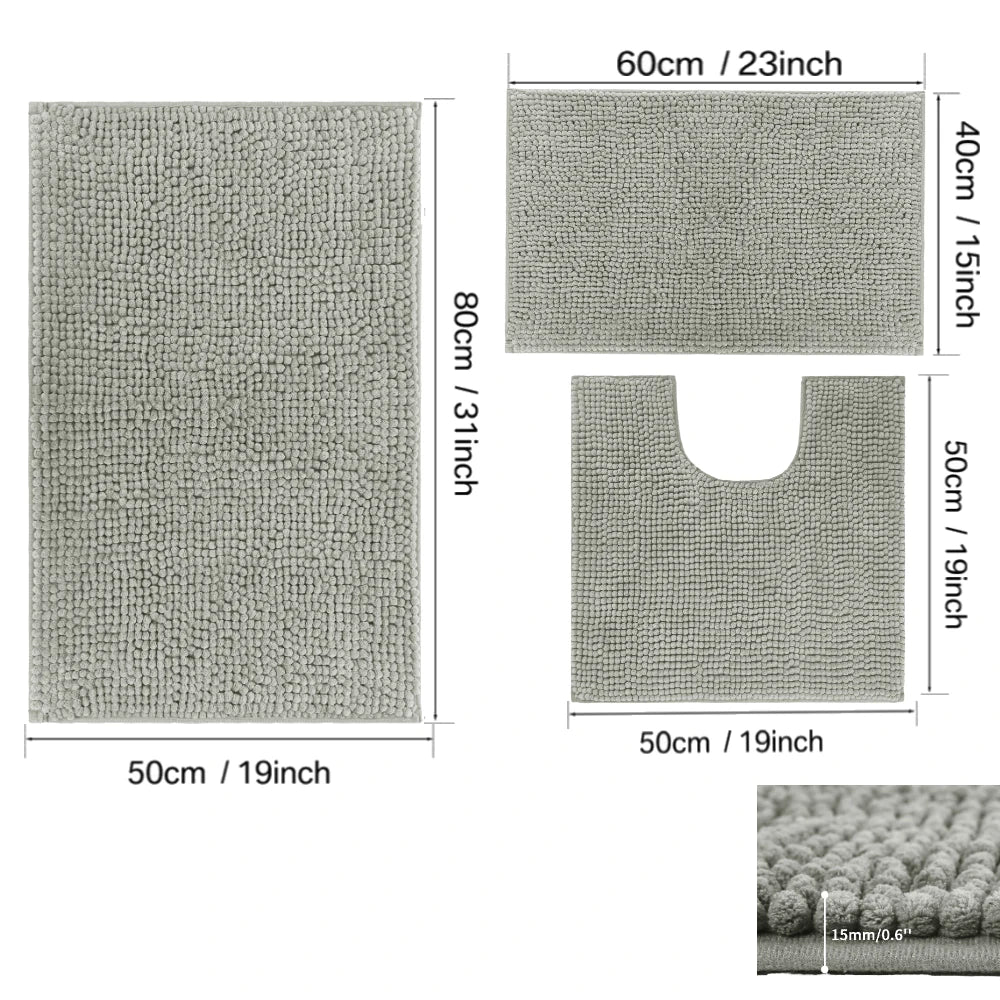 3Pc Sets Bath Mats Non Slip Memory Foam Bathroom Soft Rugs Water Absorption Dry Fast Bath Mat Machine Washable For Home Floor Peaceful Pleasures Health and Wellness 15mm Chenille gray 3pcs set