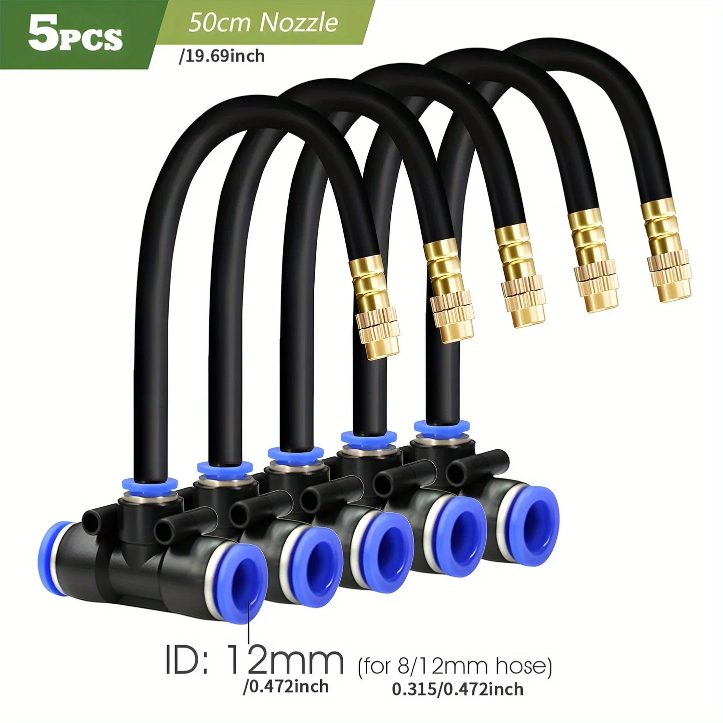5PC Adjustable Brass Misting Nozzle with Tee Quick Connector for OD-8mm OD-12mmPE Hose Sprayer Garden Plants Atomizing Sprinkler Peaceful Pleasures Health and Wellness H-5PCS 50cm Nozzle