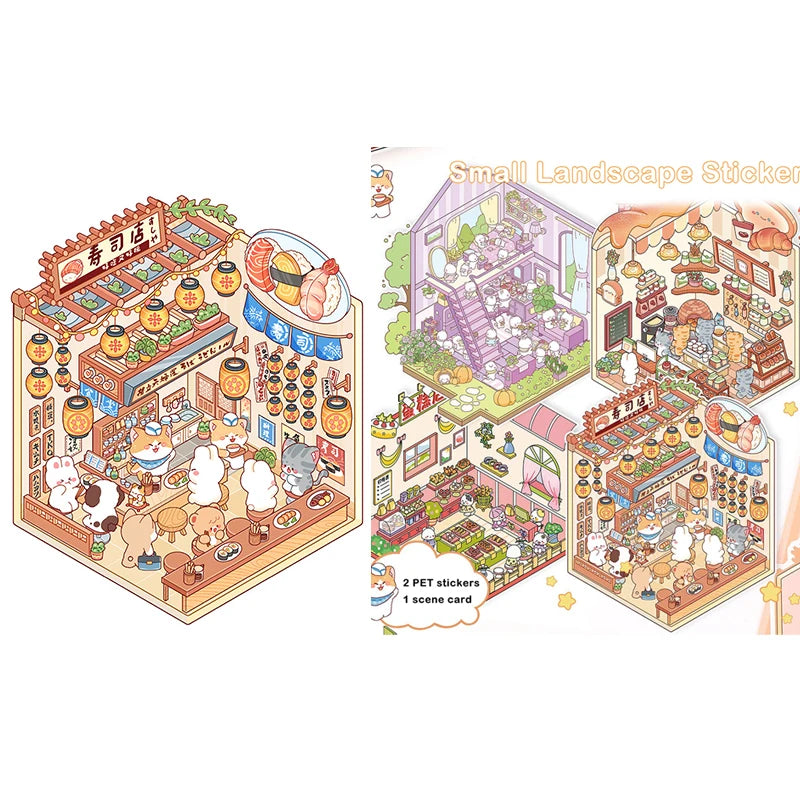 3D Mini Scene Stickers | Cute Landscape Cabin Pocket Decor