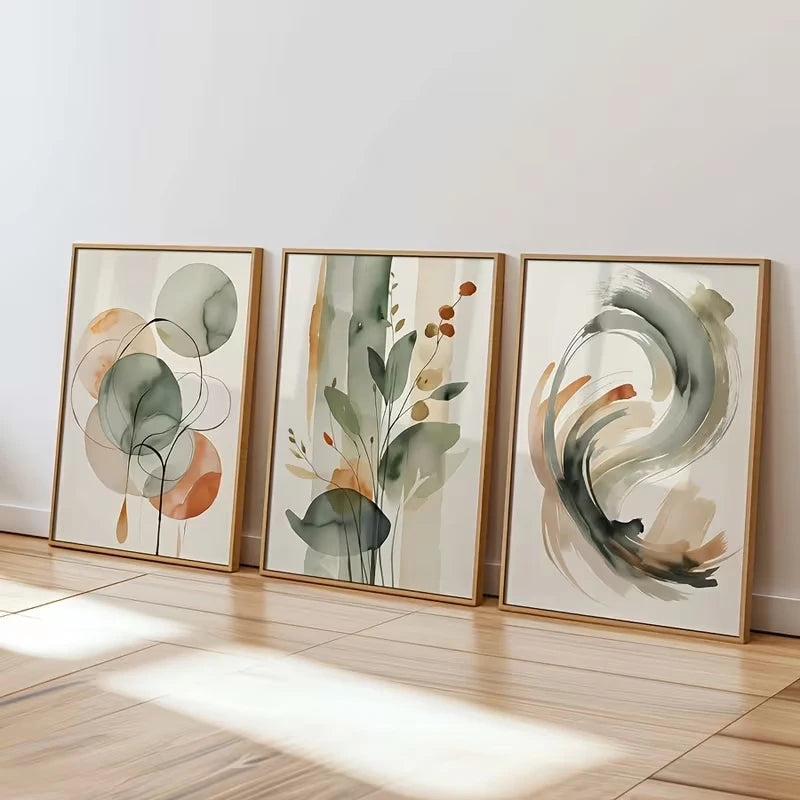 3-Piece Beige & Sage Abstract Watercolor Canvas Wall Art Set