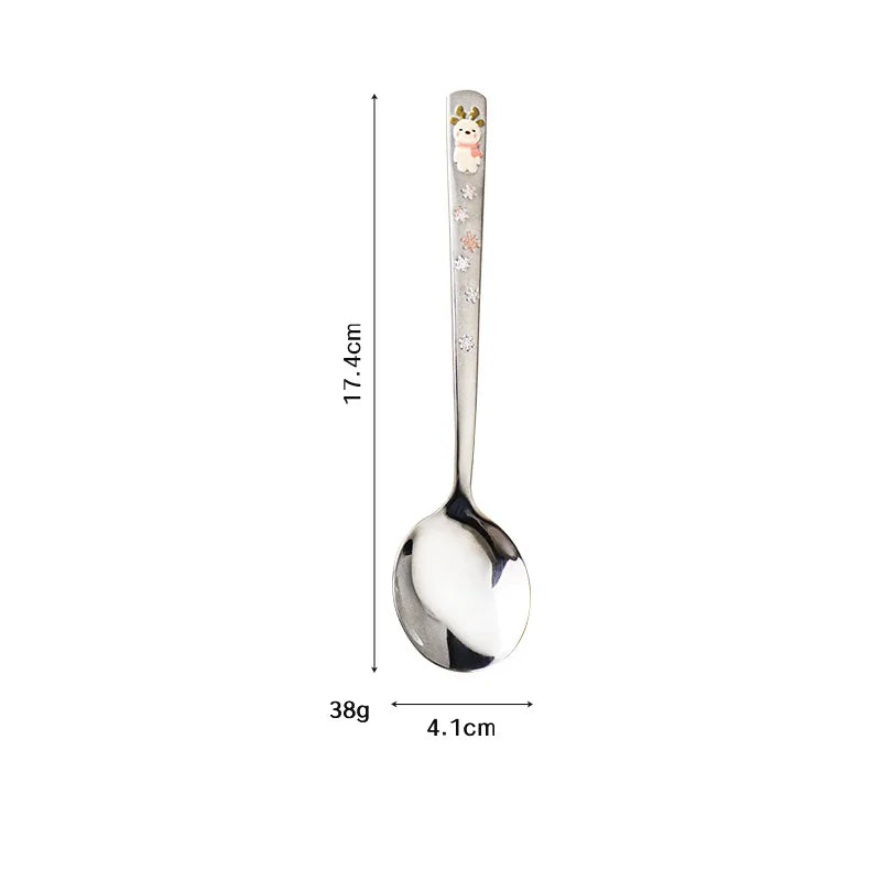 Hot 304 Stainless Steel Round Spoon Cartoon Embossed Deer Spoon Korean Style Household Long Handle Drinking Spoon Peaceful Pleasures Health and Wellness Horned Deer Pink