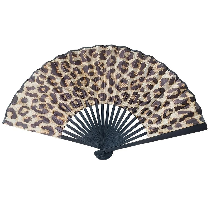 Leopard Print Folding Fan – Black Frame, Portable for Women