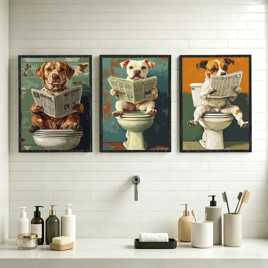 Vintage Animal Bathroom Wall Art, Funny Dog Retro Pop Art Canvas Painting, Nordic Toilet Poster Print for Restroom Room Decor Peaceful Pleasures Health and Wellness