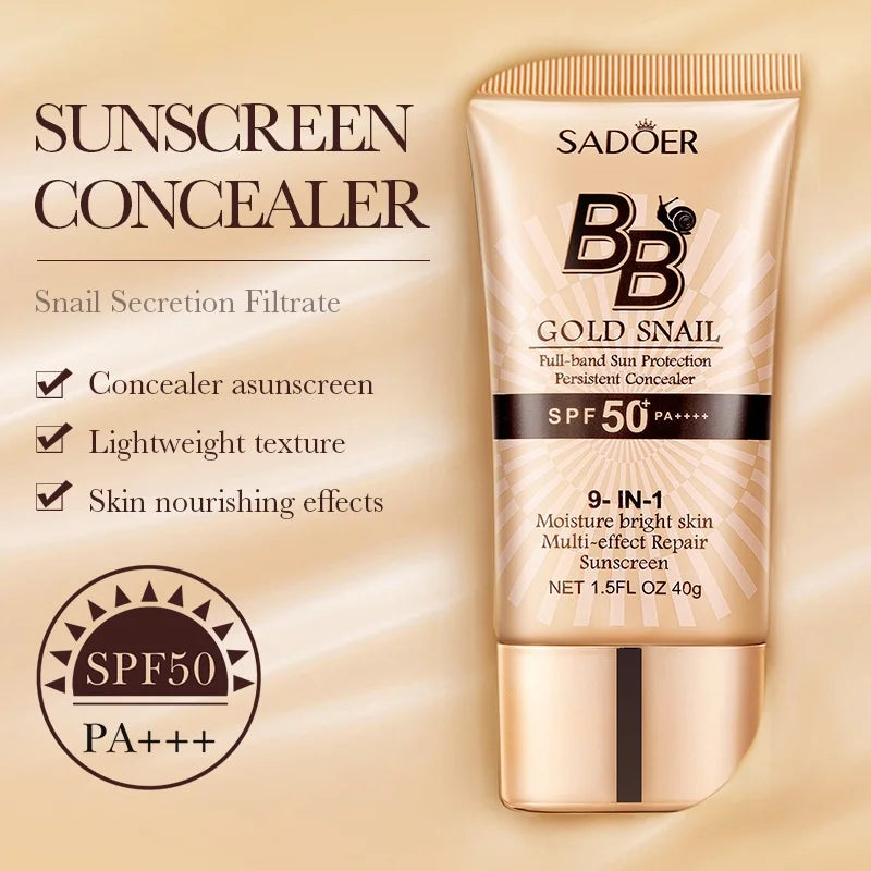 SADOER Gold Snail Sunscreen BB Cream Foundation Concealer Moisturizing Isolation Cream SPF50+PA+++ 40g Peaceful Pleasures Health and Wellness