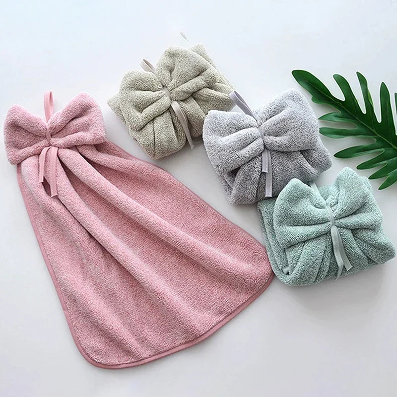 Bowknot Hanging Hand Towels – Soft Coral Fleece, Quick Dry