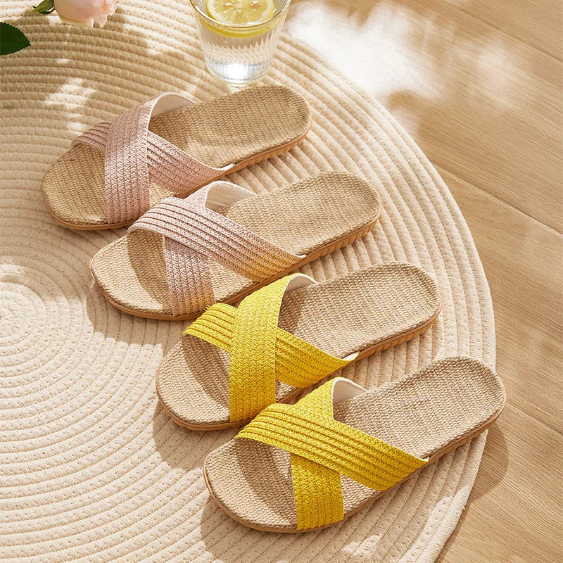 Women's Linen Cross Strap Flat Sandals | Lightweight EVA Slippers