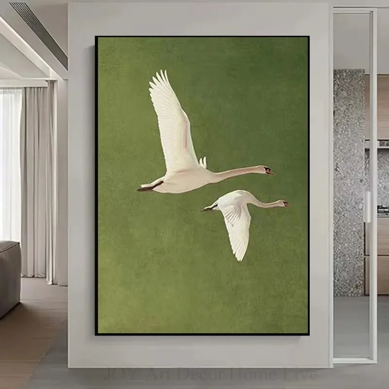Two Flying Swans Realistic Feather Texture, Green Background Modern Wall Decor for Living Room, Office, Dining Area | Frameless Peaceful Pleasures Health and Wellness