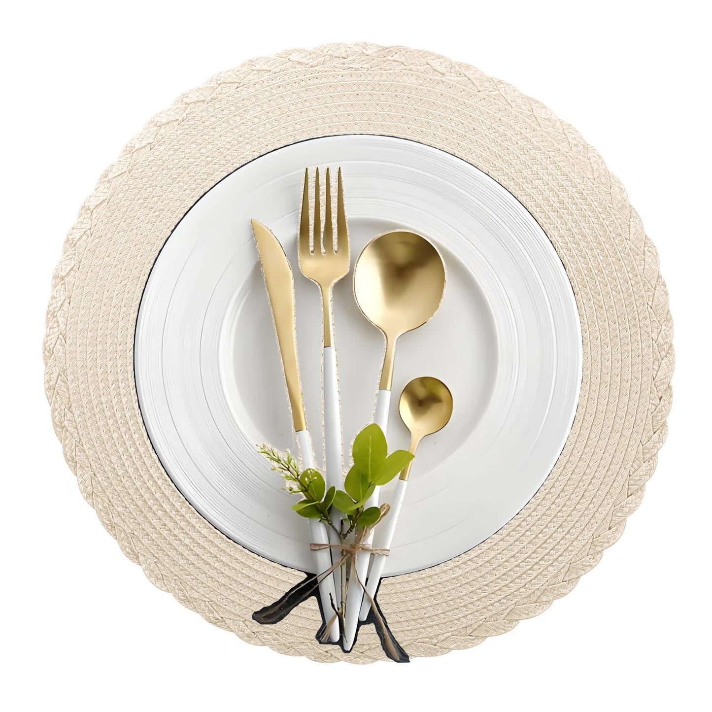 6Pc Round Braided Table Mat with 6Pc Cup Coasters Heat Resistant Washable Non Slip Placemats for Kitchen Dining Tables Pads Peaceful Pleasures Health and Wellness B Apricot 33.5CM and 10CM