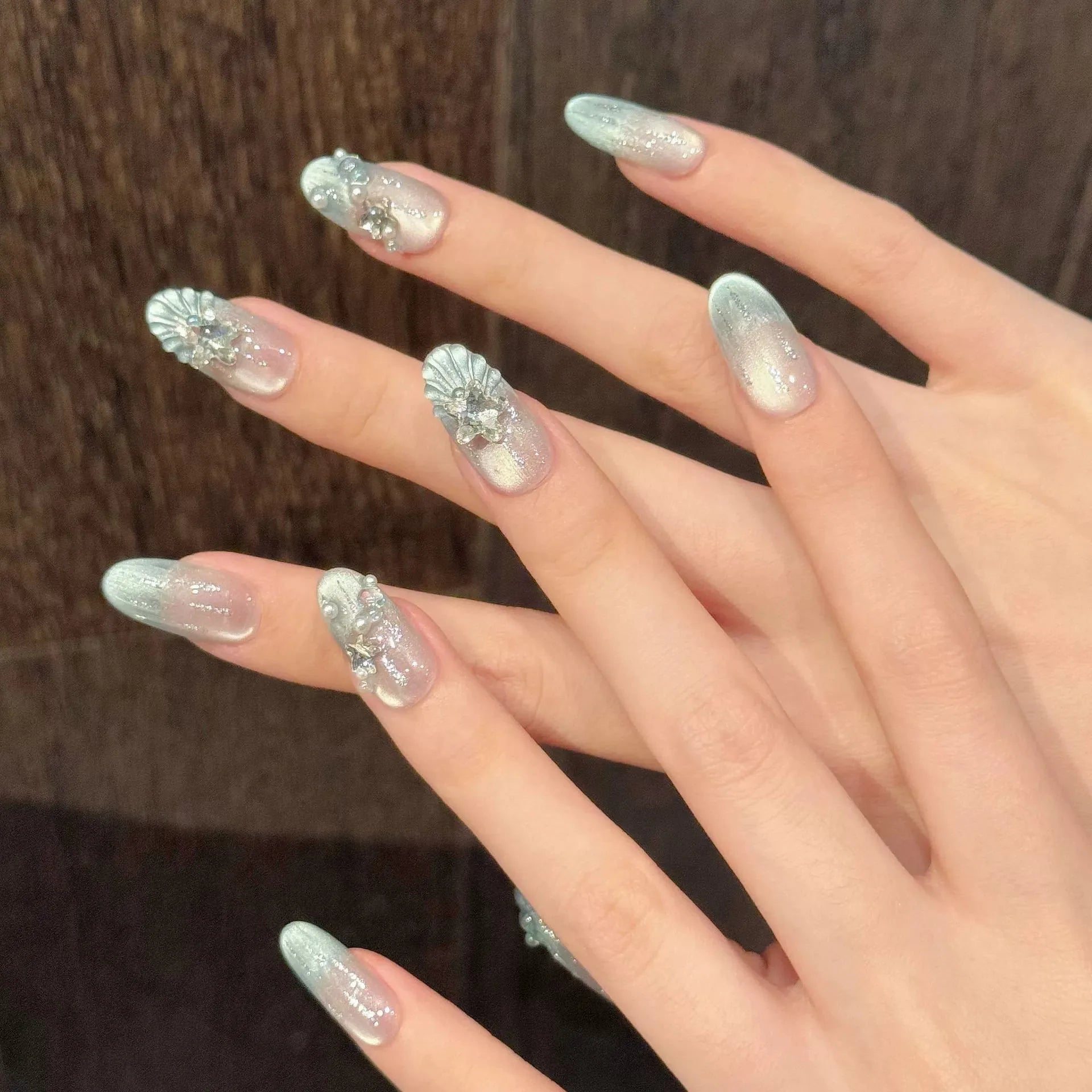 10pcs Handmade Blue Press on Nails Star Rhinestone Design Reusable Shiny Cat Eyes False Nails Round Head Fake Nail Tips Wearable Peaceful Pleasures Health and Wellness L