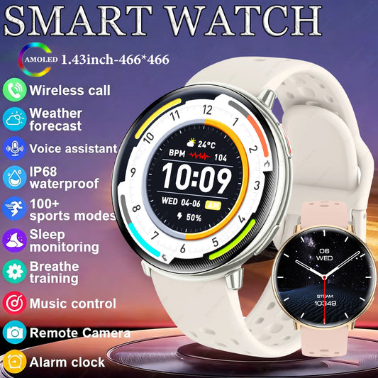 New Smart Watch GPS 1.43 Inch AMOLED IP68 Waterproof Bluetooth Call Multi-sport Mode Health Monitoring SmartWatch Men Women Gift Peaceful Pleasures Health and Wellness