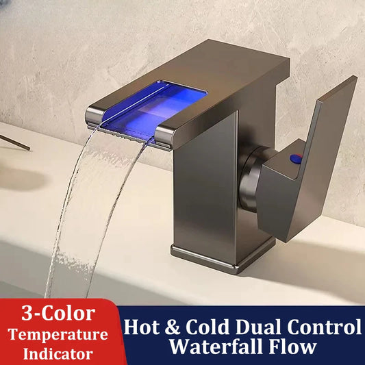 3-Color LED Waterfall Bathroom Faucet | Hot & Cold Brass Tap LED Waterfall Faucet Oasis Select