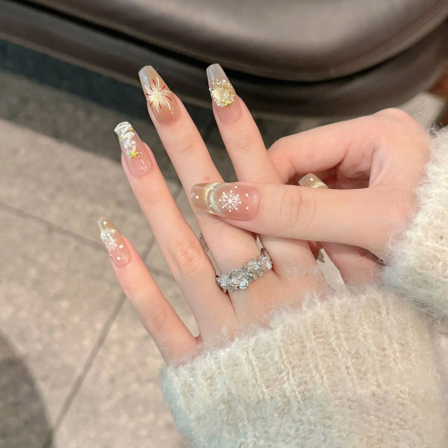 Handmade Christmas Press-On Nails | Snowflake Fireworks Design