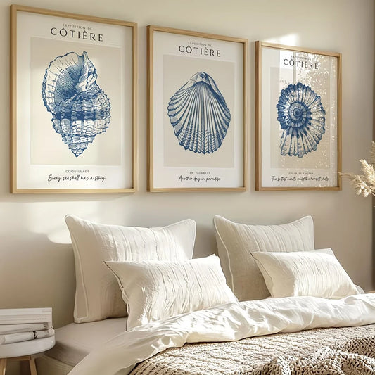 3-Piece Blue Ocean Conch Shell Canvas Wall Art | Home Decor Canvas Wall Art Peaceful Pleasures Health and Wellness G4617-3pcs 21x30cm Black Framed