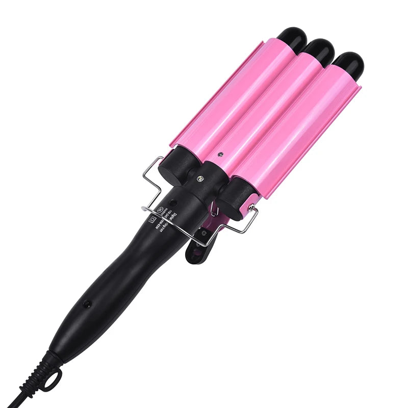 Easy Big Wave Hot Selling Portable New Mini Pink Ceramic Triple Barrel Curler Professional Hair Curling Iron Peaceful Pleasures Health and Wellness Black pink US