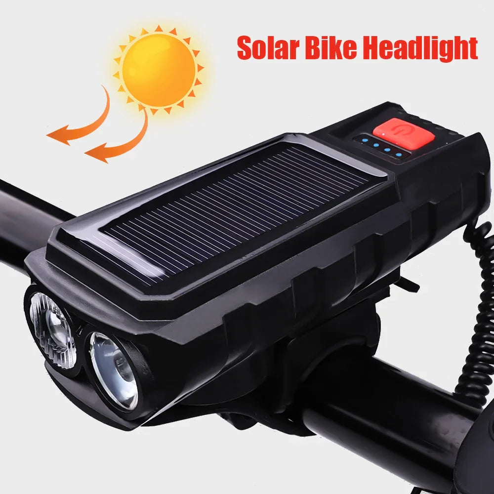 Solar Bike Front Light 300LM USB-C Rechargeable with 120dB Horn
