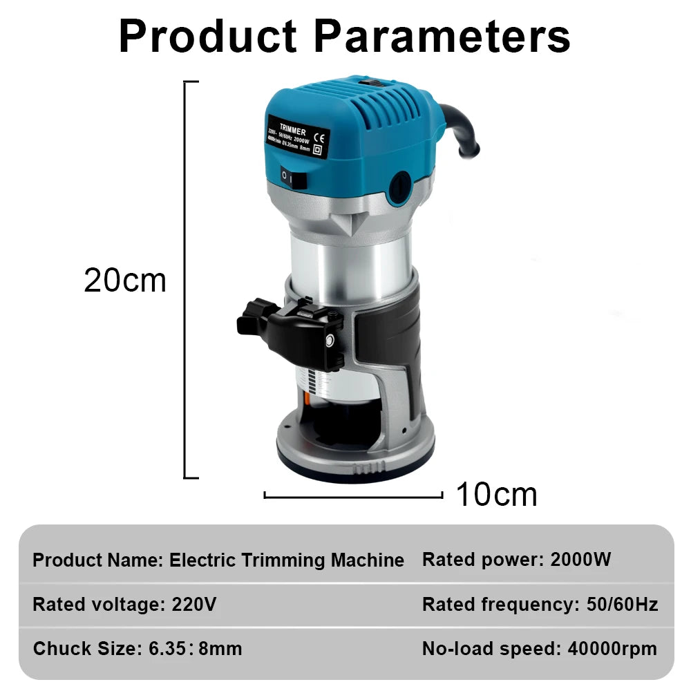 220V Wooden Router Wood Trimmer Machine 6 Speeds Adjustable Electric Hands Trimmer Carpentry DIY Tool 2000W Woodworking Trimming Peaceful Pleasures Health and Wellness