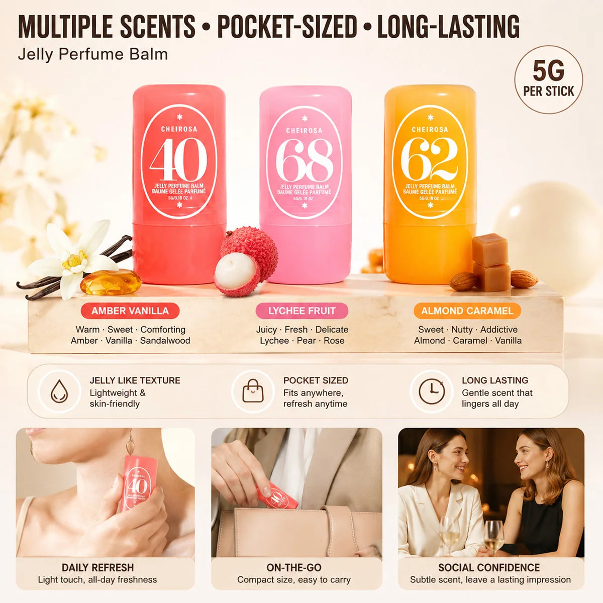 Jelly Perfume Balm | Amber Vanilla, Almond Caramel & Lychee