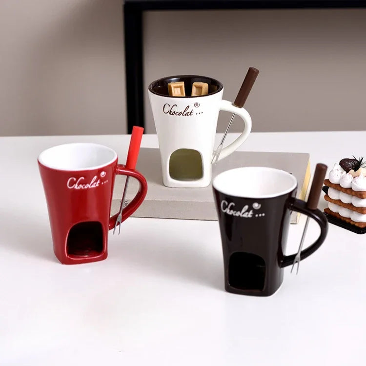 Personal Mini Ceramic Fondue Pot Mug Set – Chocolate & Cheese