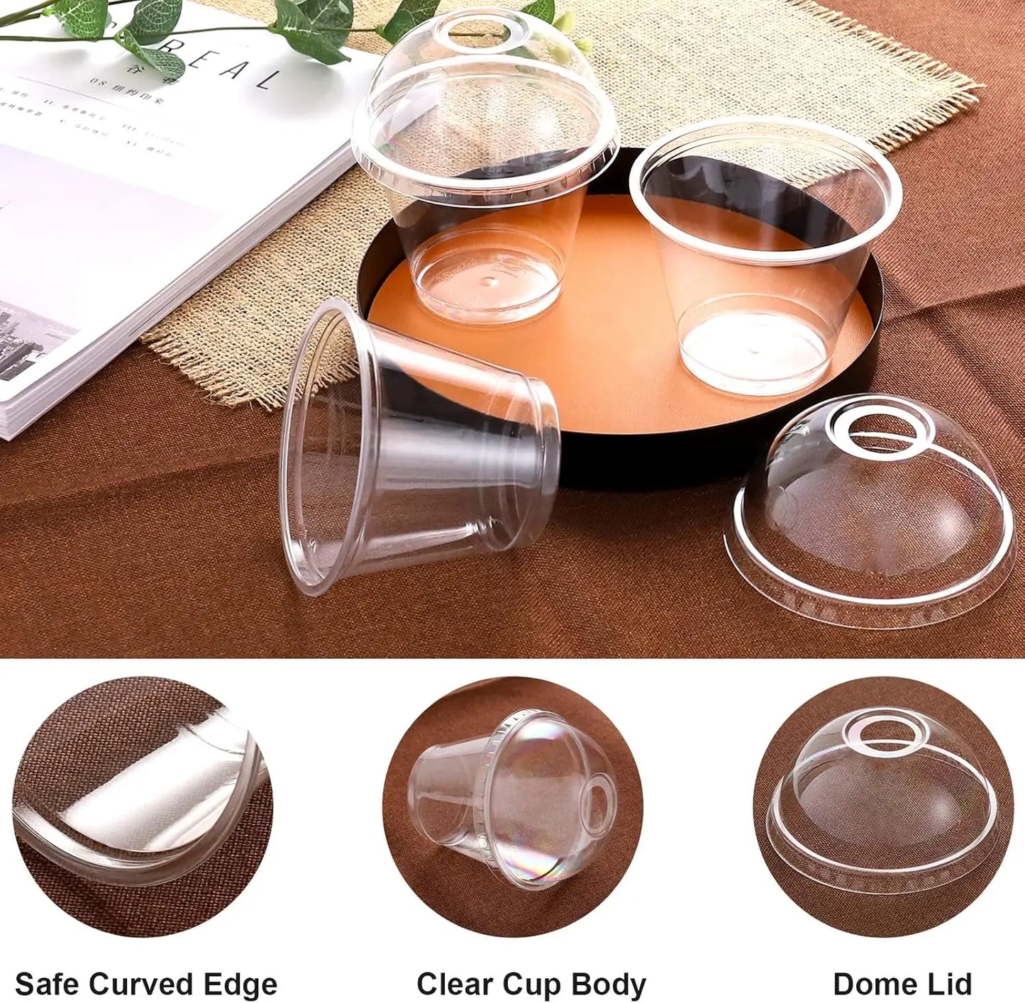 9OZ Clear Plastic Cups With Dome Lids Crystal Clear Dessert Cups for Ice Cream Latte Cold Drinks Pudding Cupcake Snack or Fruits Peaceful Pleasures Health and Wellness Dome(Hole) 100pcs