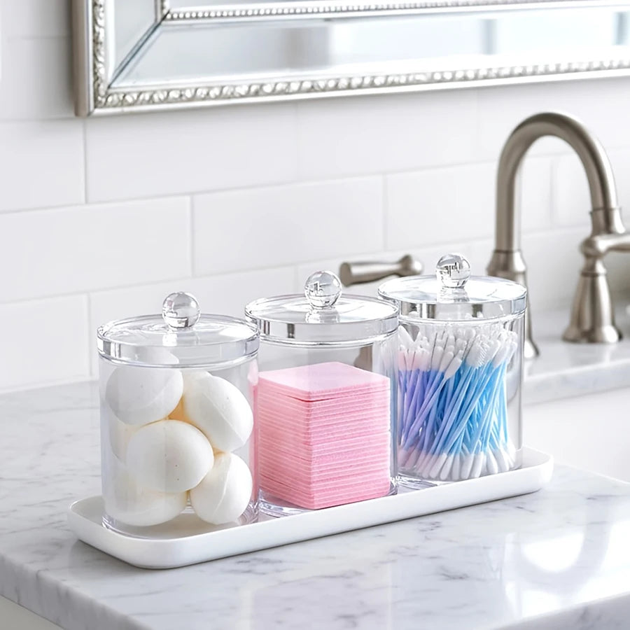 Clear Acrylic Bathroom Canister with Tray Plastic Apothecary Jars Storage box Bathroom Organizers for Qtip, Cotton Balls, Floss Peaceful Pleasures Health and Wellness C