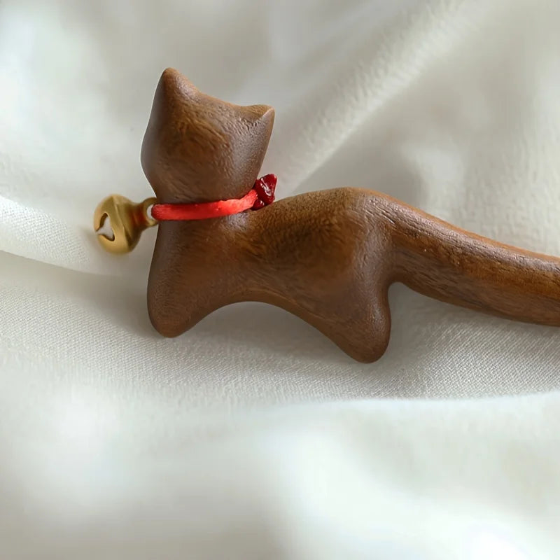 Chinese Traditional Hair Stick Vintage Golden Sandalwood Hairpin Cute Bell Cat Hair Pin Simple Retro Step Shake Hair Accessories Peaceful Pleasures Health and Wellness