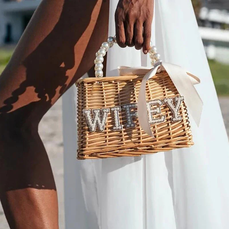Bride Straw Tote Bag | Boho Bridal Shower Bachelorette Gift Bridal Straw Tote Bag Peaceful Pleasures Health and Wellness wifey bag