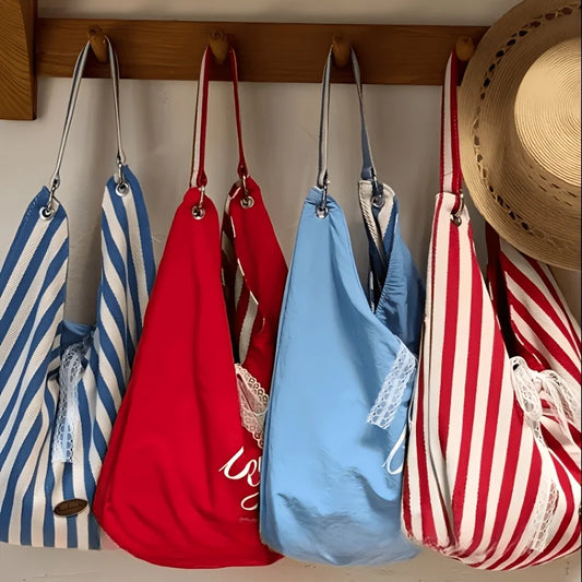 Double-Sided Women's Tote Bag | Striped Lace Bow Shoulder Bag Women's Tote Bag Peaceful Pleasures Health and Wellness