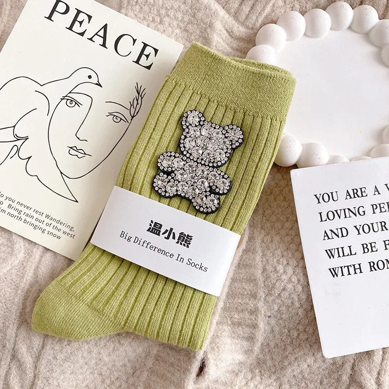 Diamond Cartoon Bear Decorative Socks, Fashionable Diamond Sparkling Women's Socks, Comfortable And Breathable Christmas Socks Peaceful Pleasures Health and Wellness Light Green EU35-39