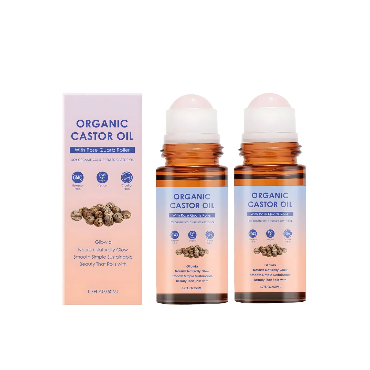 Organic Castor Oil Rose Quartz Roller Ball | Pure Cold-Pressed 50ml