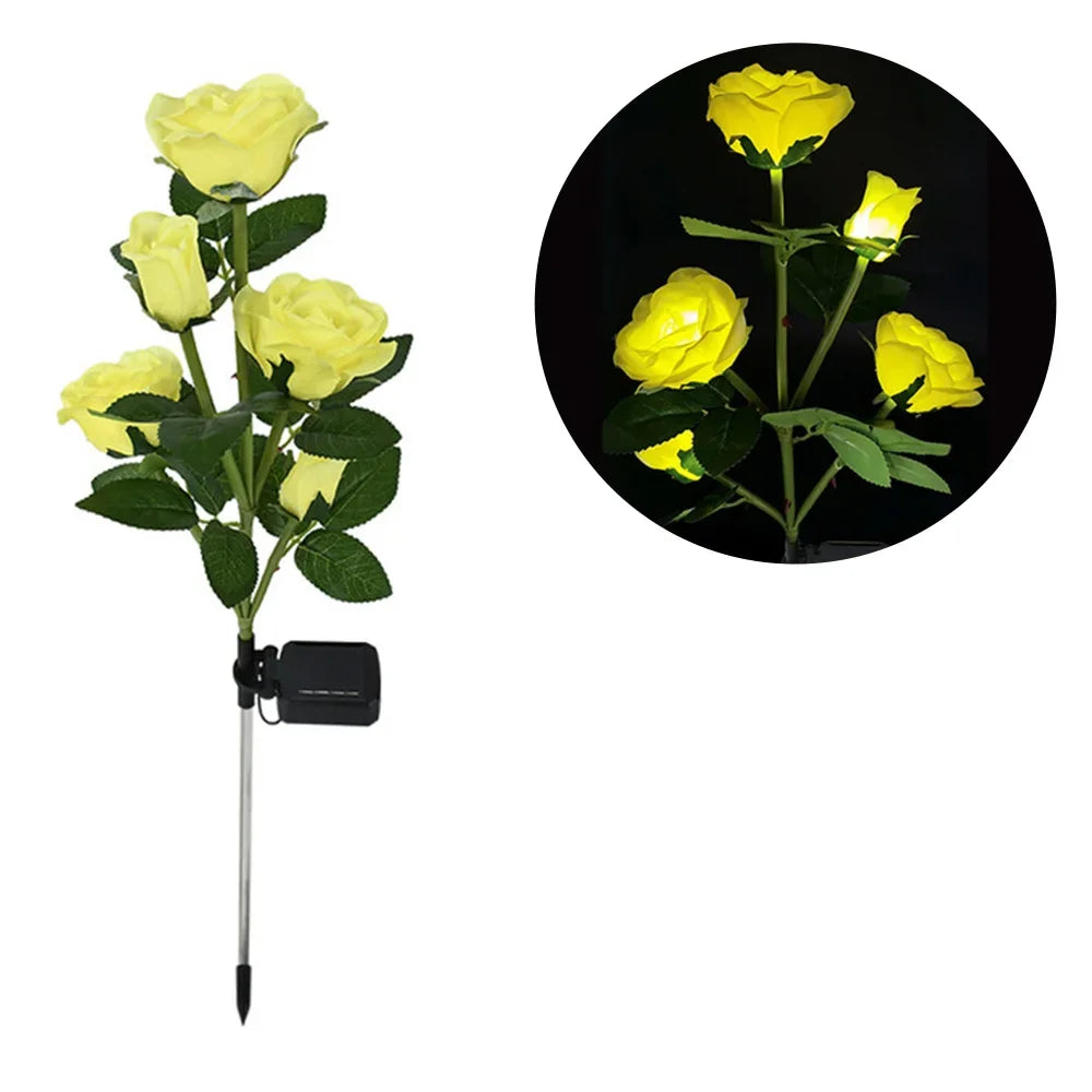 GGbingo 5 Heads Solar Lights Outdoor Decorative Solar Garden Lights Rose Flower Lawn Lamp for Yard Patio Garden Decor Peaceful Pleasures Health and Wellness Yellow