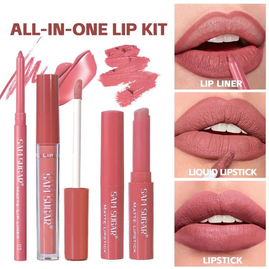 SAM SUGAR 3-in-1 Matte Lip Kit – Liner, Lipstick & Gloss Set Lip Makeup Kit Oasis Select