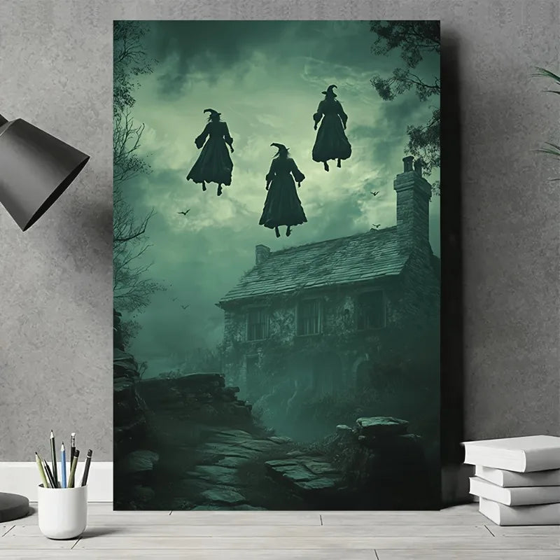 Gothic Witches Haunted House Canvas Wall Art | Unframed Print Canvas Wall Art Peaceful Pleasures Health and Wellness