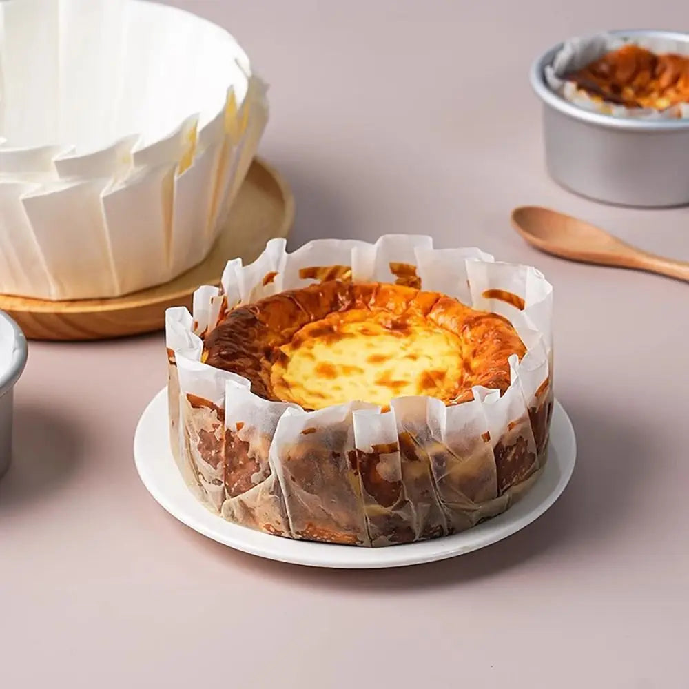 50-Pack Disposable Basque Cake Liners | Oilproof 4/6/8 Inch