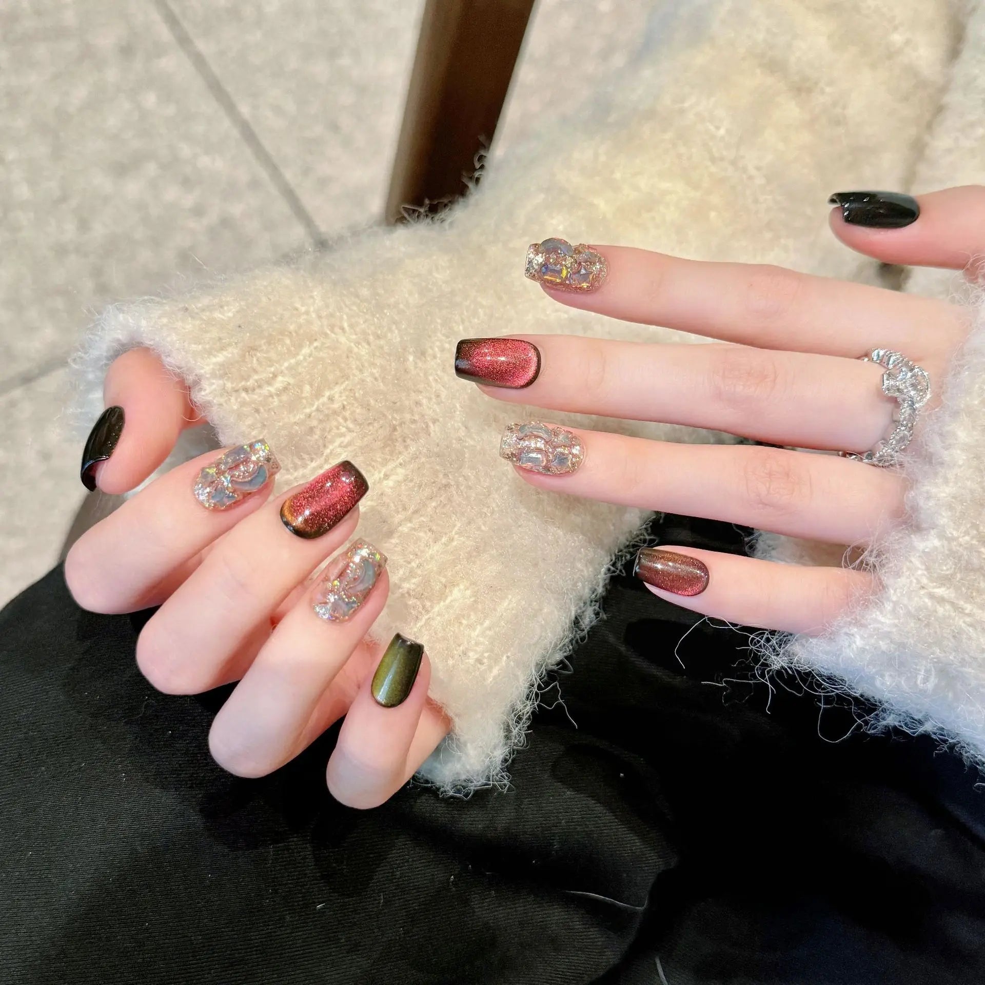 Handmade Press on Nails Glitter Raspberry Wine Red French Cat Eye Fake Nails Wearable Full Cover Sweet Korean Short False Nails Peaceful Pleasures Health and Wellness