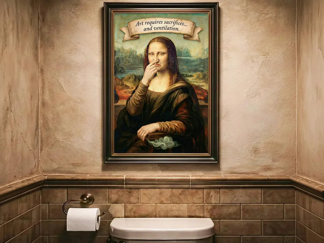 Parody Mona Lisa Bathroom Wall Art Decor Covering her Nose Vintage Bad Smell Poster Print Toilet Humor Funny Leonardo Davinci In Peaceful Pleasures Health and Wellness WS1117-3 50x70cm Unframed