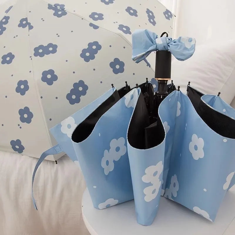 Automatic Folding Umbrella Pastoral Flower Pattern Black Coated Sun Protection Three Fold Rain and Sun Dual Use Parasol Peaceful Pleasures Health and Wellness