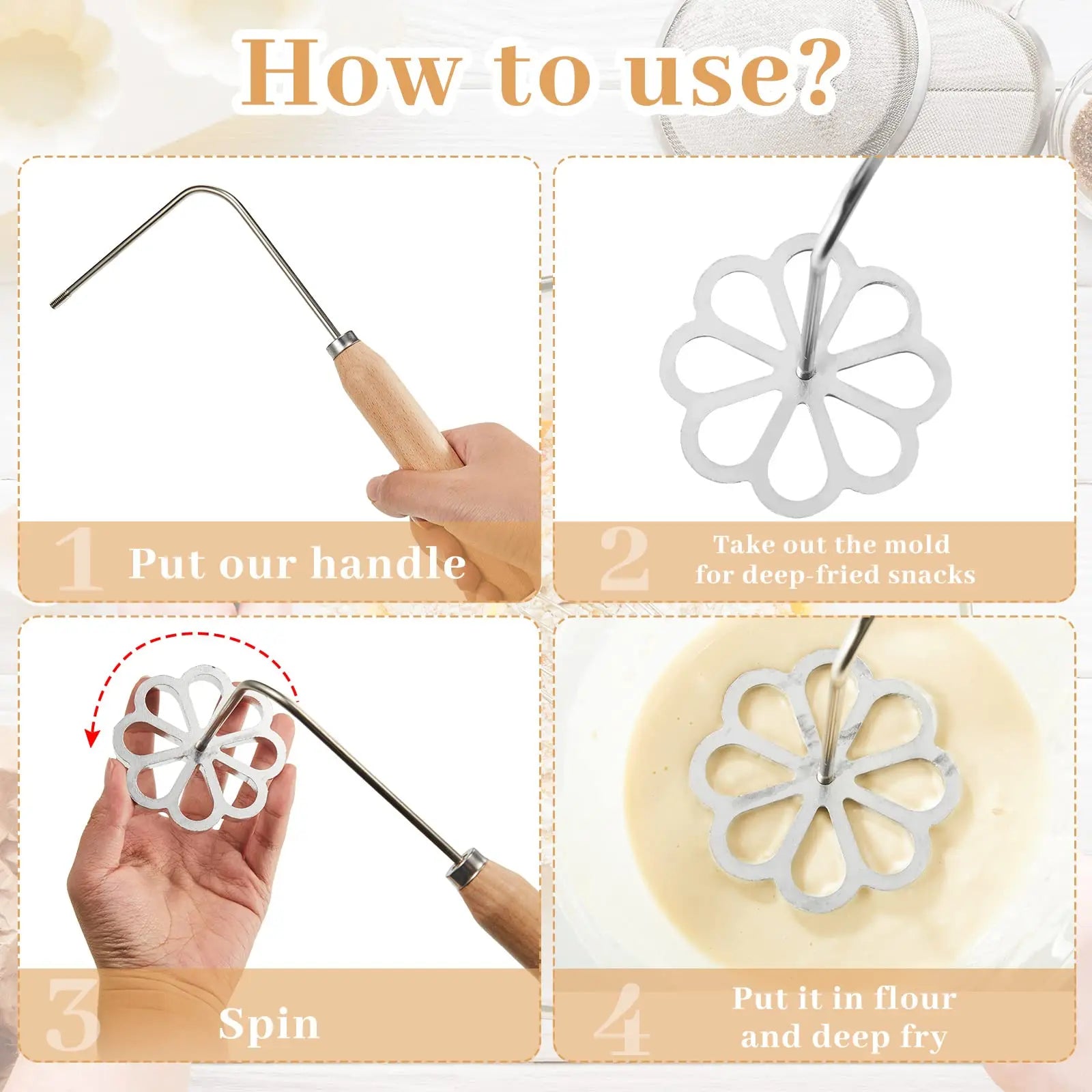 Cast Rosette Iron Mold Set 2/4/7Pcs Bunuelos Mold With Handle Timbale Pastry Tools Achappam Cookie Maker Peaceful Pleasures Health and Wellness