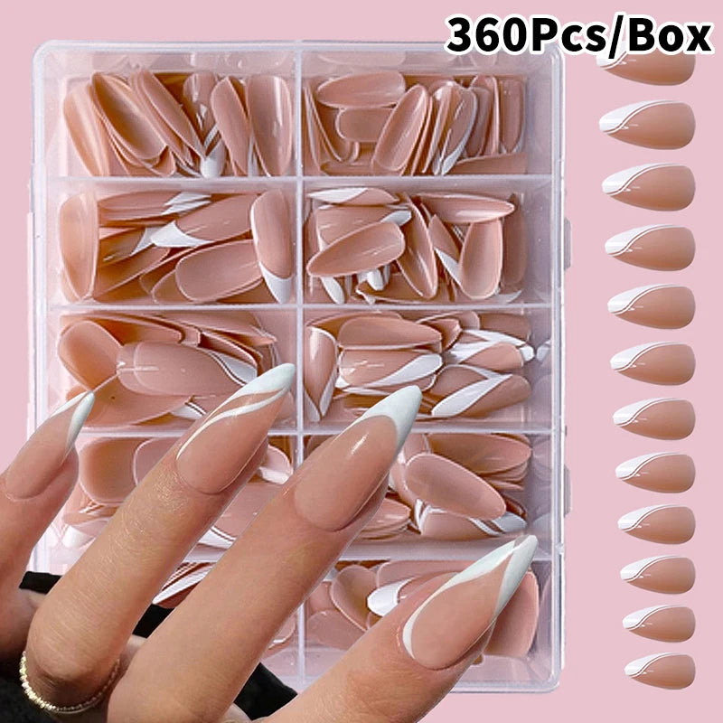 120/240/360Pcs/Box Glossy Soft Gel Pink French Nail Tips Medium Almond White Simple Press On Nails Huge Capacity False Nails Peaceful Pleasures Health and Wellness 360Pcs C