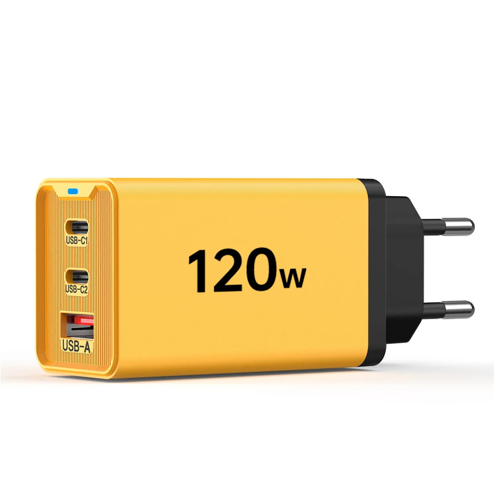120W 3-Port USB-C Fast Charger PD3.0 QC3.0 Wall Adapter