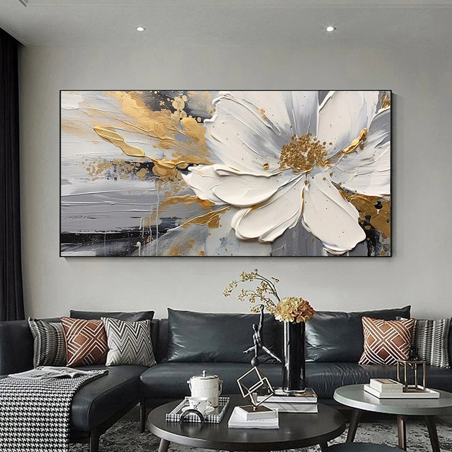Large White & Gold Floral Canvas Wall Art Print – Unframed Canvas Wall Art Print Peaceful Pleasures Health and Wellness